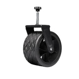The PiXAPRO Foldable Trolley Cart's heavy-duty caster wheels with a textured tread, a black mounting bracket, and a silver adjustment stem with a black knob, shown on a solid white background.