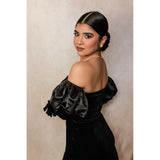 A Woman in a black off-shoulder dress in front of a 2x3 Abstract Brown Beige Little Green Colour Studio Microfibre Photography Backdrop By Kate Backdrops