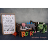 A Child in a dinosaur-themed room with a framed quote and toy triceratops in front of a 2x3 Cold Tones Of Grey And Little Green Light Abstract Textured Studio Photography Background From Kate Backdrops