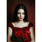 Woman in a red dress holding red flowers against a 2x3 Dark Red Wine Colour Abstract Weave Pattern Texture Studio Photography Background From Kate Backdrops
