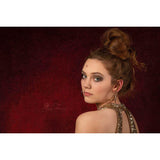 Woman with styled hair and makeup against a 2x3 Dark Red Wine Colour Abstract Weave Pattern Texture Studio Photography Background from Kate Backdrops