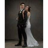 Man in a suit and a woman in a wedding dress embracing against a Kate Backdrops 2x3 Dark Grey Brown Mixed Green Abstract Texture Studio Photography Backdrop