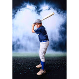 A you boy wearing baseball attire in front of a Sweep Sports Stadium Lighting Backdrop  holding a baseball bat