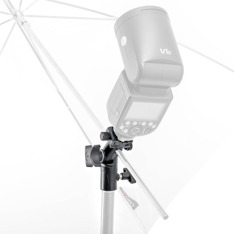 Close Up of PiXAPRO Tilt Umbrella Bracket with a Speedlite and an Umbrella Mounted to it