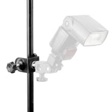 PiXAPRO Male C-Clamp with 5/8" stud and 1/4"-20 Screw Thread  attached to pole, with speedlite mounted to it
