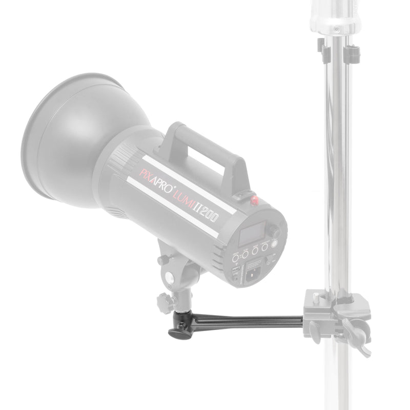 Pixapro 18cm Metal Extension Arm combined with a super convi clamp to mount a studio flash to a pole