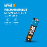 Newell rechargeable Li-ion battery on a blue background with product details.