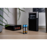 Two NEWELL USB-C Rechargeable batteries on a wooden surface with electronic devices in the background.