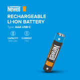 Newell rechargeable Li-ion battery on a blue background with product details.