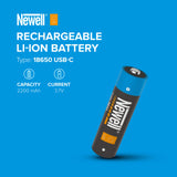 Newell 18650 rechargeable Li-ion battery on a blue background with product details.