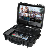 Osee GoStream Duet Kit, Portable video production console with screen displaying multiple video feeds on a white background