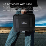 Person holding a black hard-shell travel case with scenic background