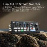 Live stream switcher with buttons and displays on a rock surface