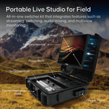 Portable live studio kit with features labeled against a mountainous background