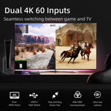 Television displaying dual 4K 60 inputs with game and TV content, featuring a desert landscape and a historical scene, BEING USED WITH A Osee GoStream M2 - Dual 4K USB 3.0 HDMI Capture Card