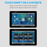 Two tablet screens displaying the Touch Swift OS interface with control options.