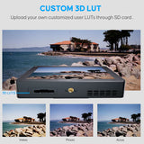 Digital photo processor with customizable 3D LUTs displayed against a scenic coastal background.