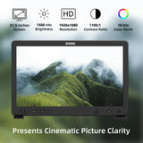 Mega 22S 21.5" Self-Calibrating Production Monitor with a scenic display, surrounded by technical specifications on a blurred natural background.