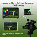 Mega 22S 21.5" Self-Calibrating Production Monitor Camera setup with colour calibration technology on a green background