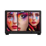 Osee Mega 22S4  21.5 Ultimate Multi-camera Production Monitor displaying a triptych of artistic faces with colourful makeup on a white background