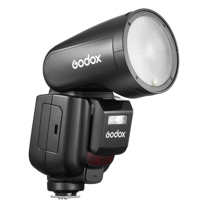 Godox V1 PRO Professional Round-Head TTL Speedlite Side View with SU-1 Flash Attached