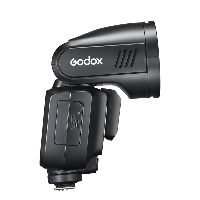 Godox V100 100Ws Round-Head Speedlite Flash Side View With Battery Slot