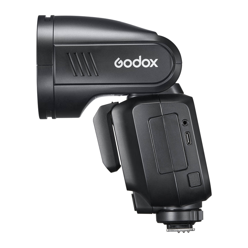 Godox V100 100Ws Round-Head Speedlite Flash Side View with Ports