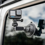 GoPro camera mounted on a car window via the PGYTECH CapLock Action Camera Suction Cup Mount 
