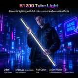Person holding a PHOTOOLEX B1200 tube light in a neon-lit scene