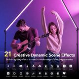 PHOTOOLEX B1200 tube lights illuminating a guitarist and dancer, with 21 lighting effects shown