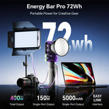 PHOTOOLEX Energy Bar Pro 72Wh battery shown powering lights, a camera and a laptop