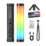 PHOTOOLEX B190S RGB tube light pictured with mini tripod, USB cable, wrist strap, manual and box
