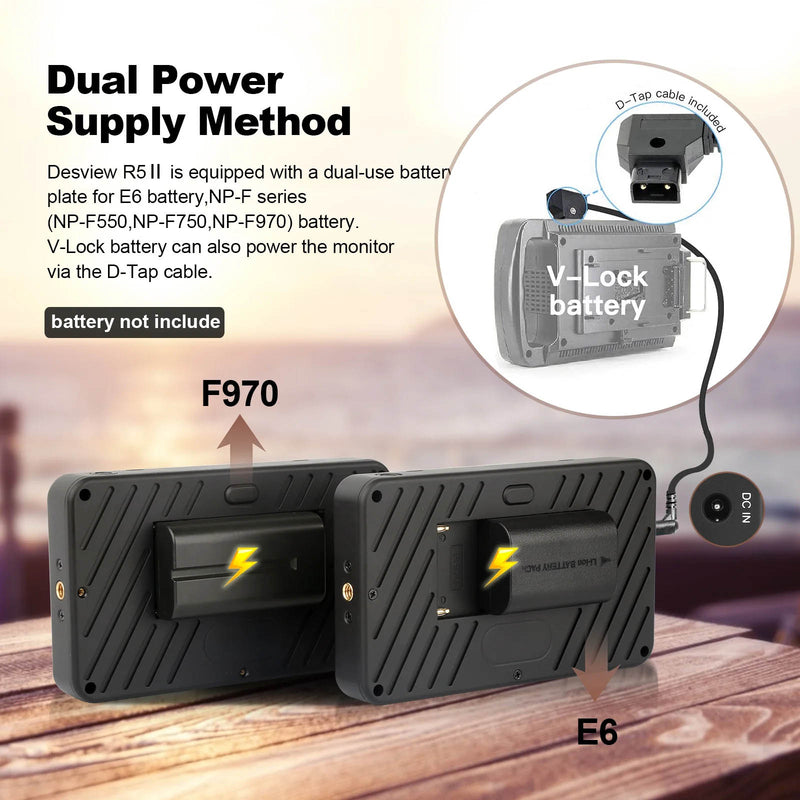 Desview R5II Suports Sony NP-F Compatible, and Canon LP-E6 Compatible Batteries