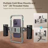 SmallRig All-in-One Video Kit with side handles, shown holding a purple smartphone. The image includes marketing text about threaded holes and two inset diagrams showing additional mounting options.