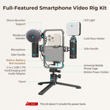 A labelled product diagram of the SmallRig All-in-One Video Kit on a light grey background, showing the assembled rig with callouts for shock absorber support, windproof sweater, microphone, side handles, LED light, cold shoe holder, universal mobile phone cage, mobile power holder, tripod, and a note that the battery is not included.