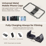 SmallRig All-in-One Video Kit shown on a light beige background with text callouts, width/height measurements, compatibility notes, and small phone and power bank icons. 