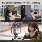 A promotional collage showing a handheld camera gimbal in multiple use modes: two top panels demonstrate vertical and horizontal shooting with a person blurred in the background, and the bottom panel shows the gimbal mounted on a tripod with a person giving a thumbs-up in the background. Text at the top reads 'Support Horizontal and Vertical Shooting' and labels the modes below.