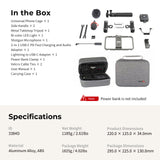 Product specifications and box contents diagram for a phone cage kit, showing included accessories such as a universal phone cage, side handle, metal tabletop tripod, bi-color LED light, shotgun microphone, cable ties, and carrying case, with a note that the power bank is not included.