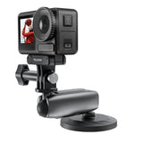Action camera attached to a Telesin magnetic mount with the arm in a low horizontal position
