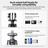 Telesin three-prong claw and 1/4-inch ball-head mounting options with compatible device examples

