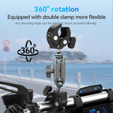 Telesin double crab clamp on motorcycle handlebars showing 360-degree ball-head adjustment
