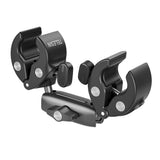 Both clamping jaws of the TELESIN crab clamp open, showing their rubber pads and quick-release knobs
