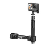Crab clamp holding a selfie stick with an action camera mounted on a tube