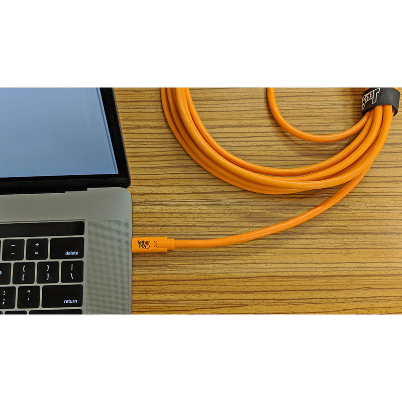 Tether Tools CUC2415-ORG 4.6m USB 2.0 Mini-B to USB C Cable plugged into a laptop