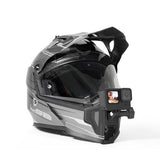 Front view of motorcycle helmet with Telesin chin mount and action camera