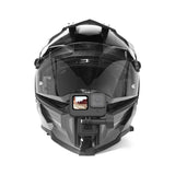Front view of motorcycle helmet with Telesin chin mount and action camera