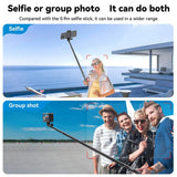 Telesin selfie stick demonstrated for an individual selfie and an outdoor group photo.