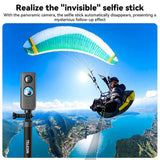 Paragliding graphic illustrating the invisible selfie-stick effect with a 360-degree camera.
