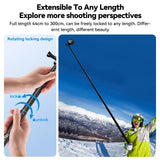 TELESIN selfie stick twist-lock instructions and a skier using the extended stick.