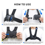 Four-step guide to fitting the Telesin chest strap and attaching an action camera